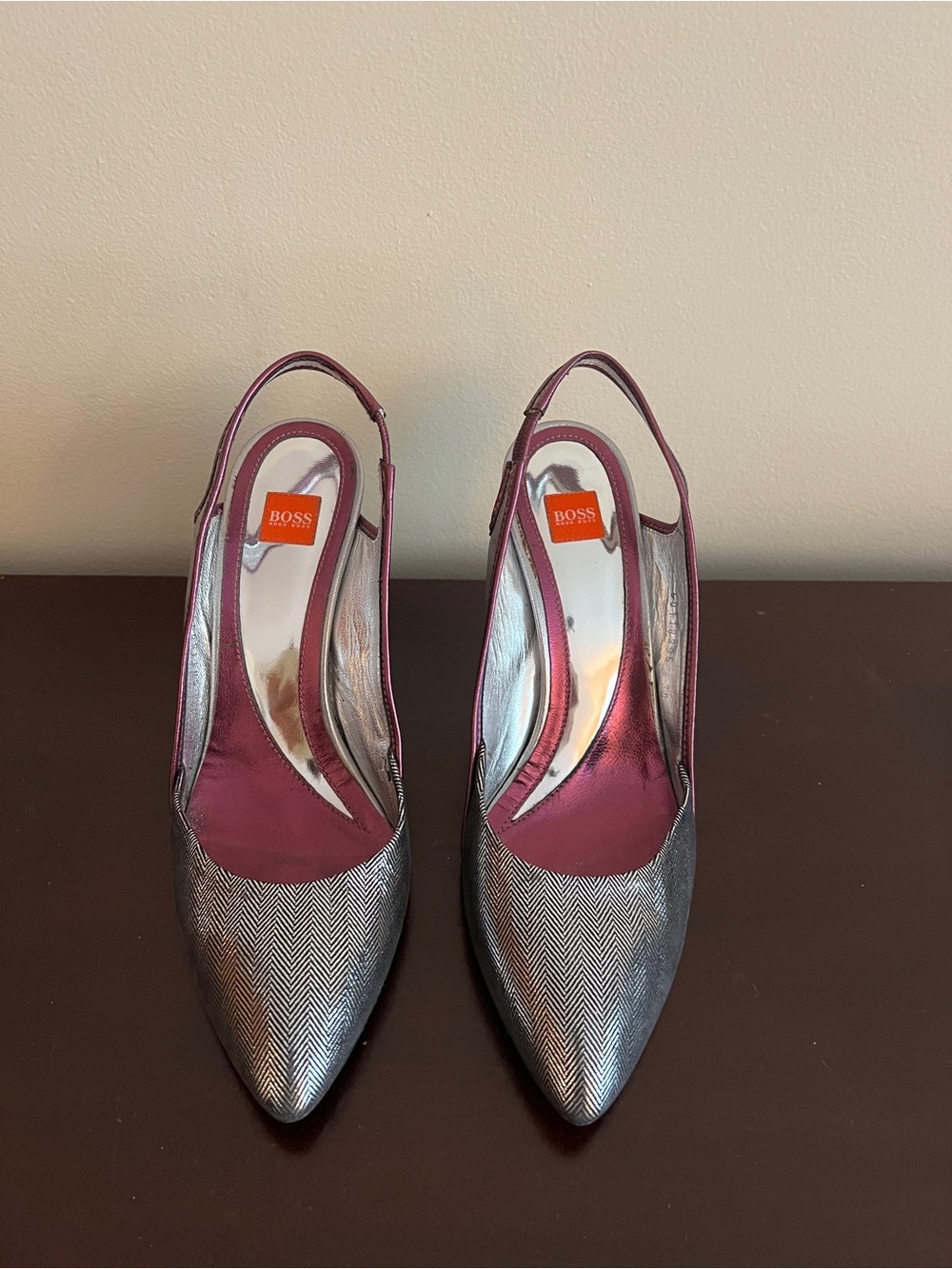 Hugo Boss Silver Pointed-Toe Slingback Heels with Purple Insole